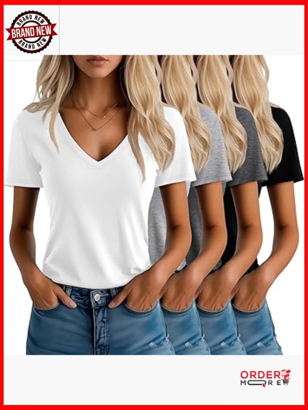 4 Pack V-Neck T-Shirts Short Sleeve Loose Fit Summer Casual Tops Tees